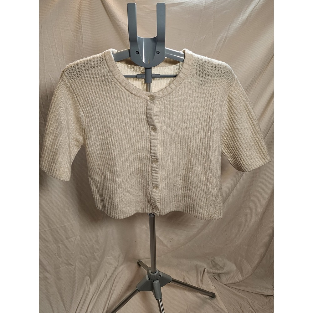 Aerie Cream Ribbed Short Sleeve Cropped Button Front Cardigan M